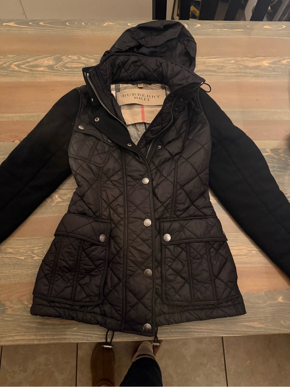 Burberry Brit Black Quilted Hooded wool cotton nylon jacket XS - Picture 5 of 12